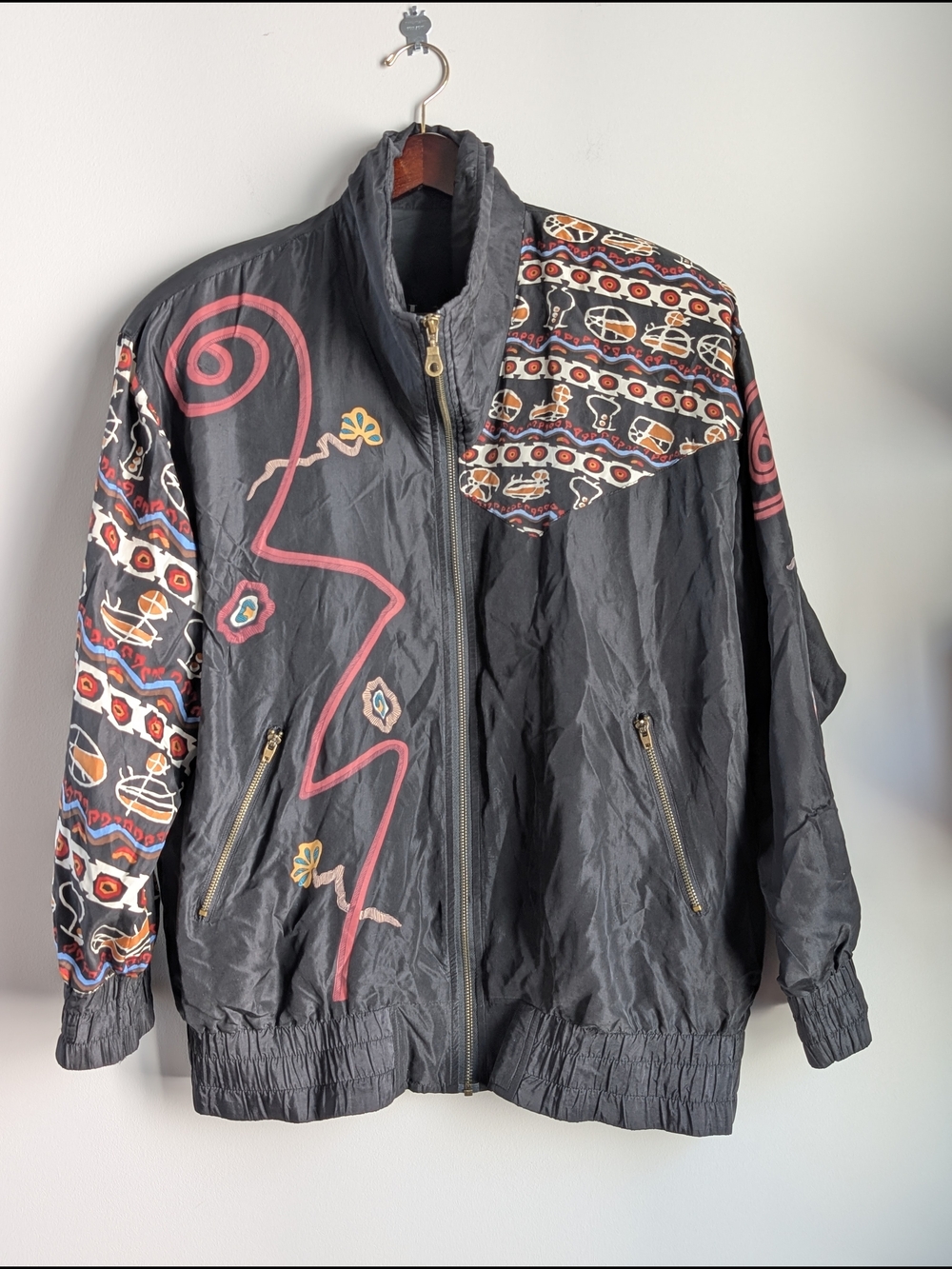 Vintage Bomber Windbreaker Jacket Women's M Silk Black Abstract Art-To-Wear 90s